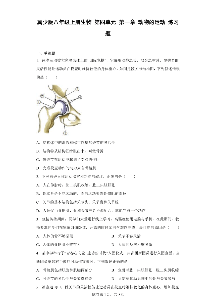 冀教版八年级上册生物 第四单元 第一章 动物的运动 练习题(word版含答案）