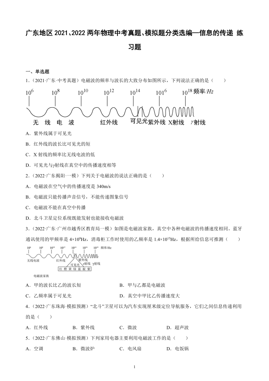 广东地区2021、2022两年物理中考真题、模拟题分类选编—信息的传递 练习题（含答案）