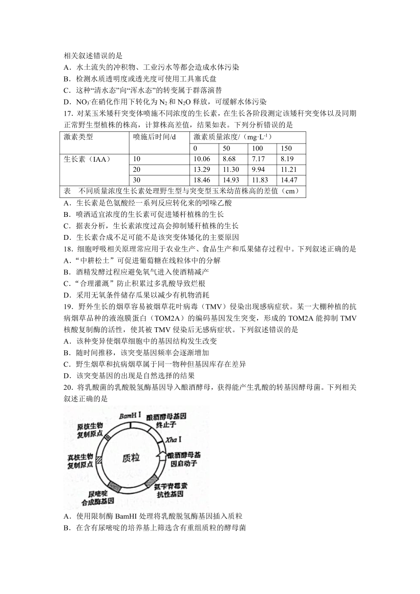 浙江省Z20名校联盟（名校新高考研究联盟）2023届高三上学期8月第一次联考生物学试题（Word版含答案）