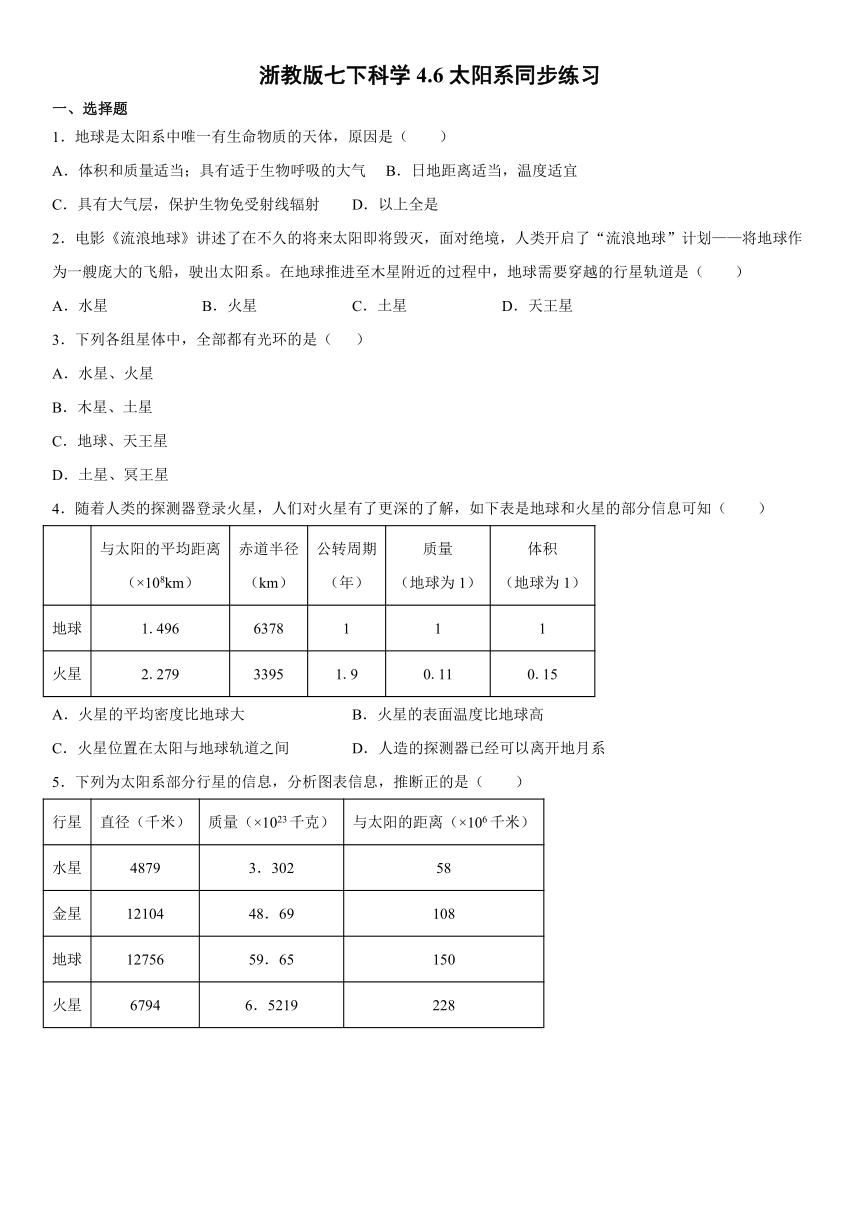 4.6太阳系  同步练习（含解析）