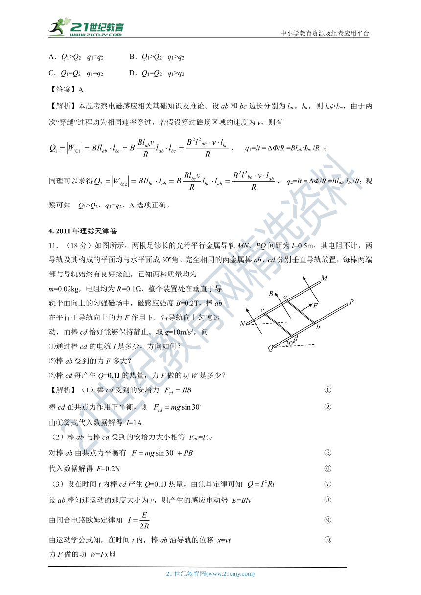 【新高考】天津市2011-2020年高考试卷分类汇编之11—电磁感应（解析卷）