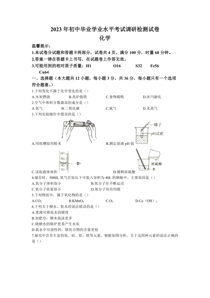 2023年湖南省长沙市浏阳市初中学业水平考试调研检测化学试题(无答案)