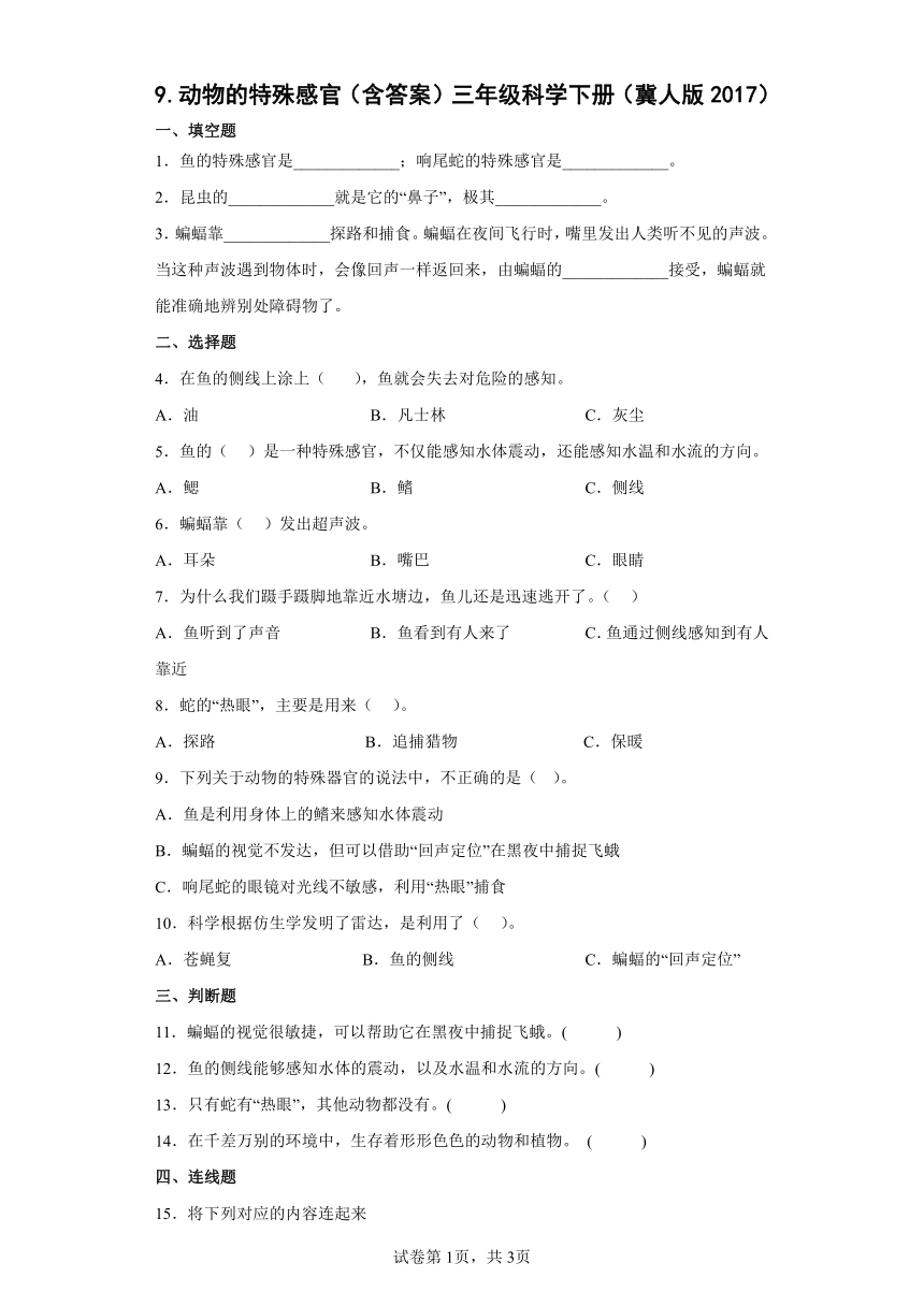 冀人版（2017秋） 三年级下册2.9   动物的特殊感官 同步练习（含答案）