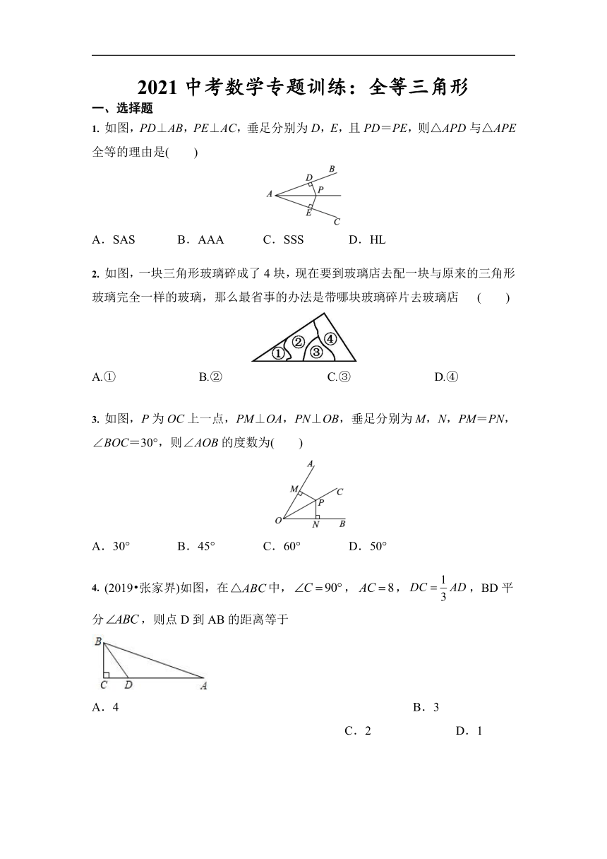 2021中考数学专题训练：全等三角形（Word版 含答案）