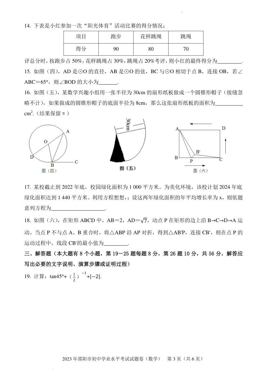 2023年湖南省邵阳市数学中考真题（pdf、无答案）