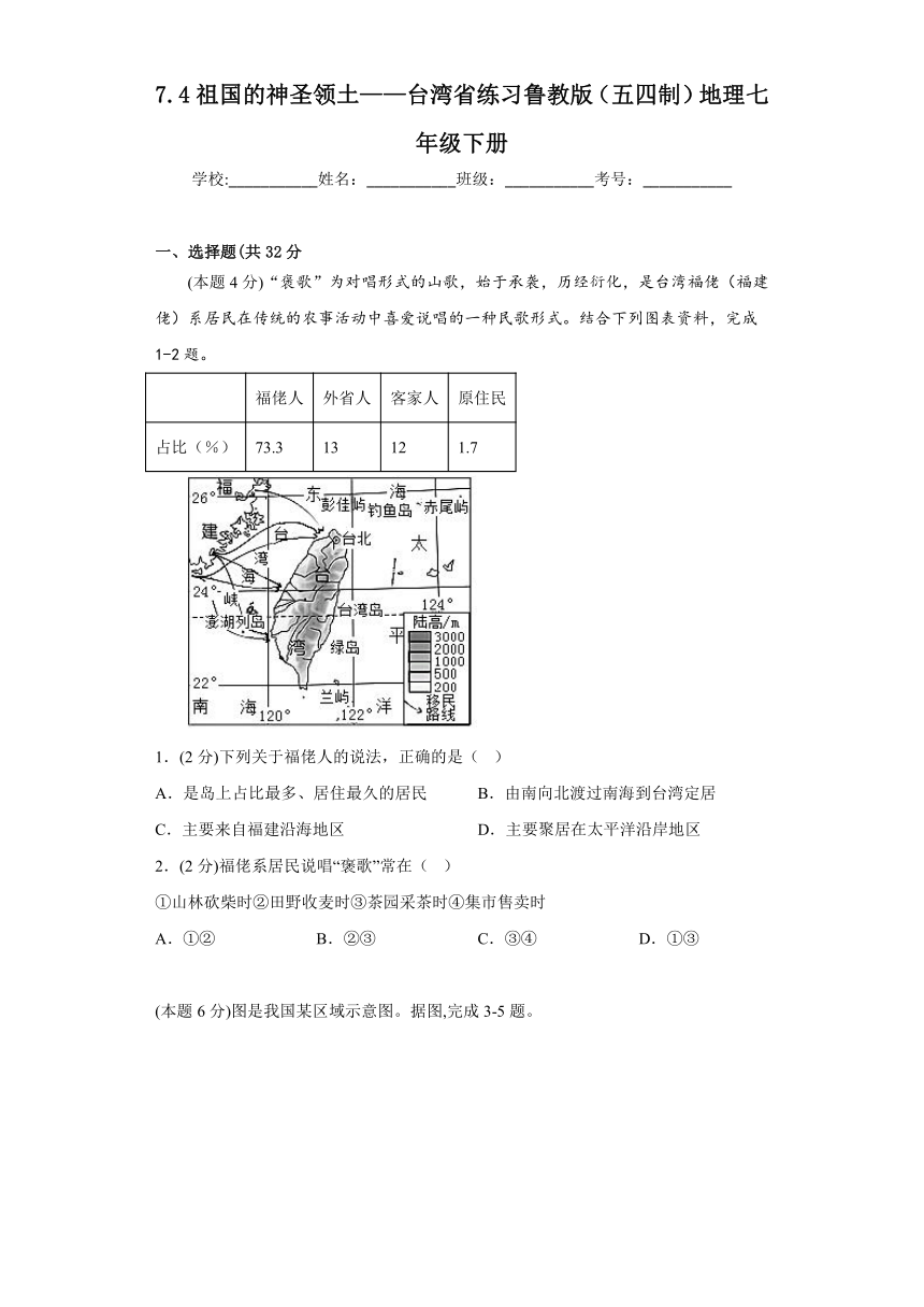 7.4祖国的神圣领土——台湾省 练习（含答案）2022-2023学年鲁教版（五四制）地理七年级下册
