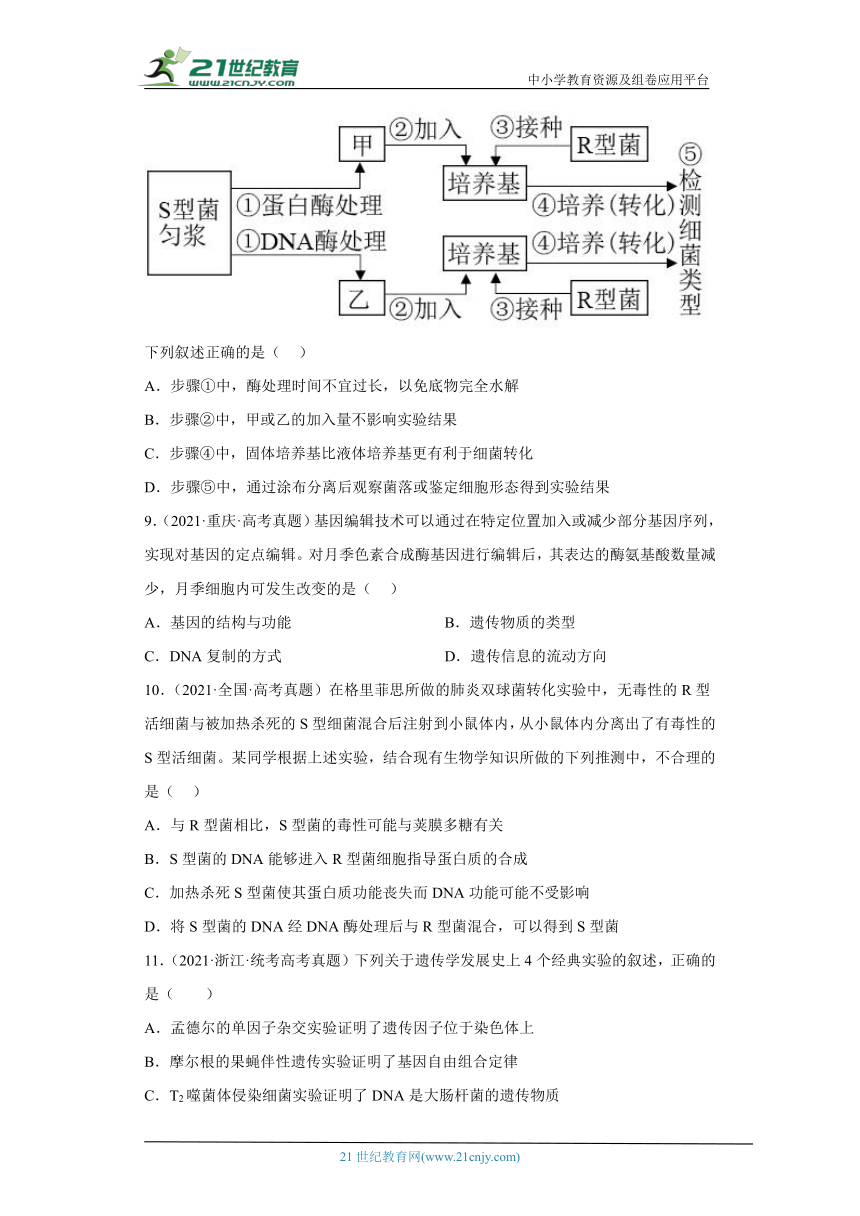 五年2018-2022高考生物真题按知识点分类汇编38-遗传的分子基础-人类探索遗传物质的历程（含解析）