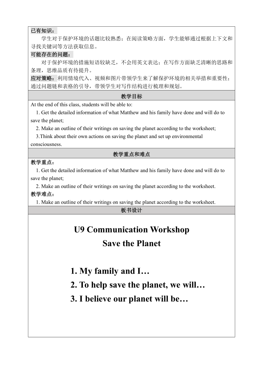 Unit 9 Save the Planet Communication Workshop 教案（表格式）