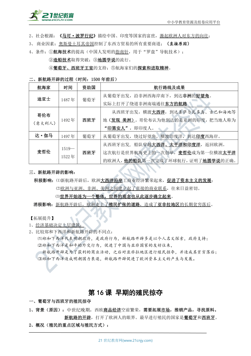 九上第五单元  走向近代  单元复习提纲及配套填空练习