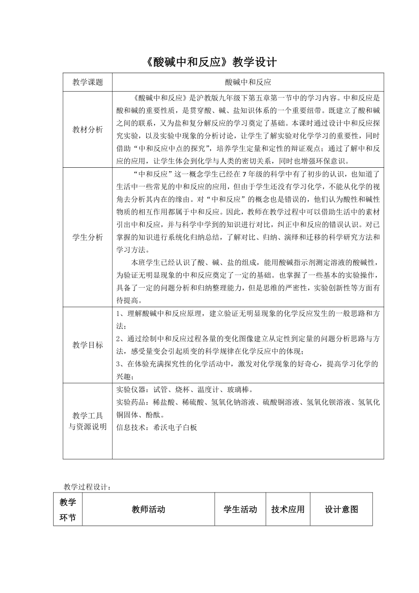 沪教版（上海）初中化学九年级下册 5.1 酸碱中和反应 教案(表格式)