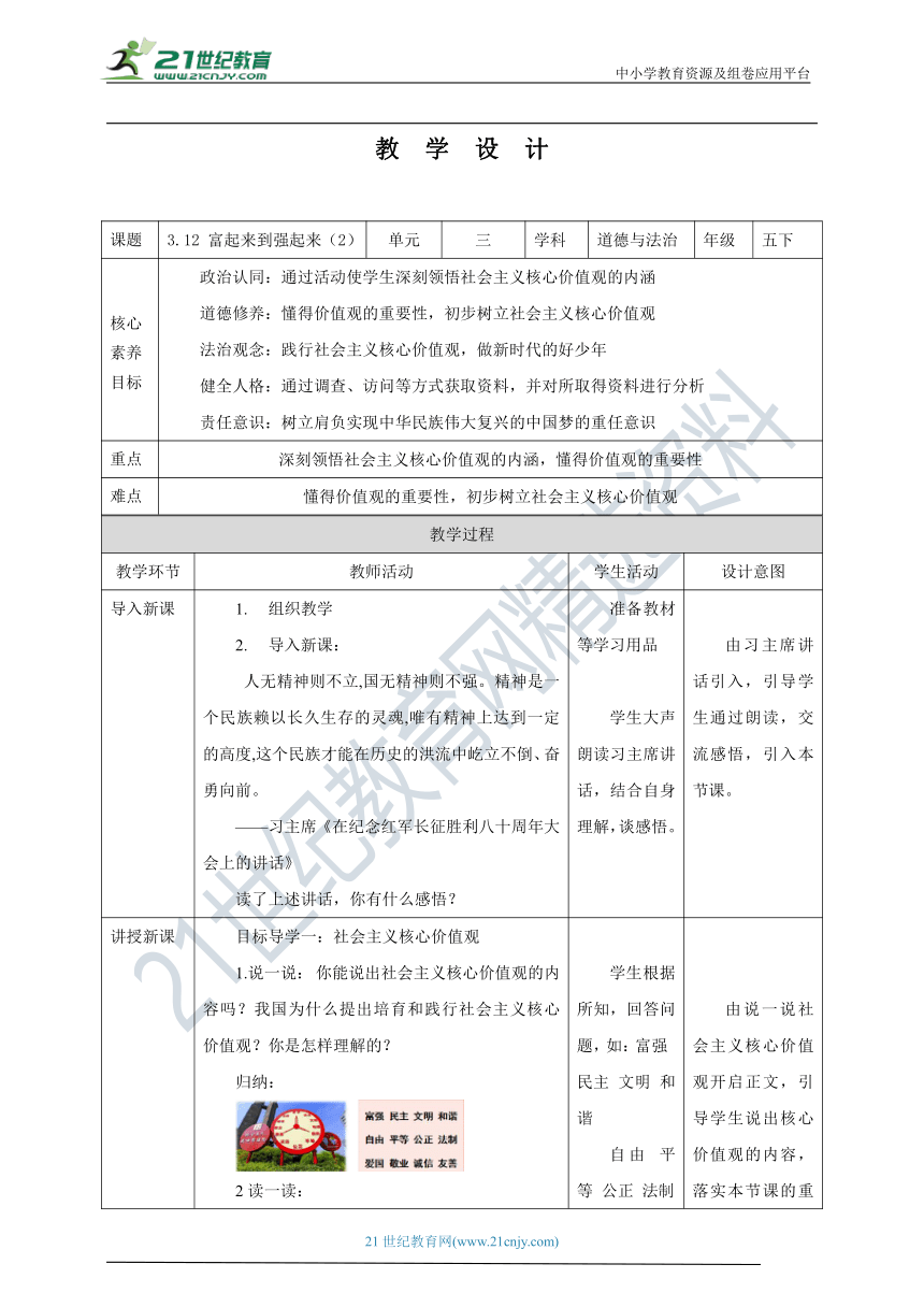 【核心素养目标】3.12 富起来到强起来 第2课时 教学设计（表格式）人教版五年级道德与法治 下册