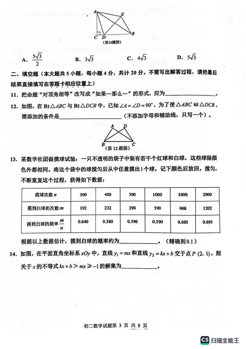 山东省淄博市张店区2022-2023学年七年级下学期期末考试数学试题（扫描版，无答案）