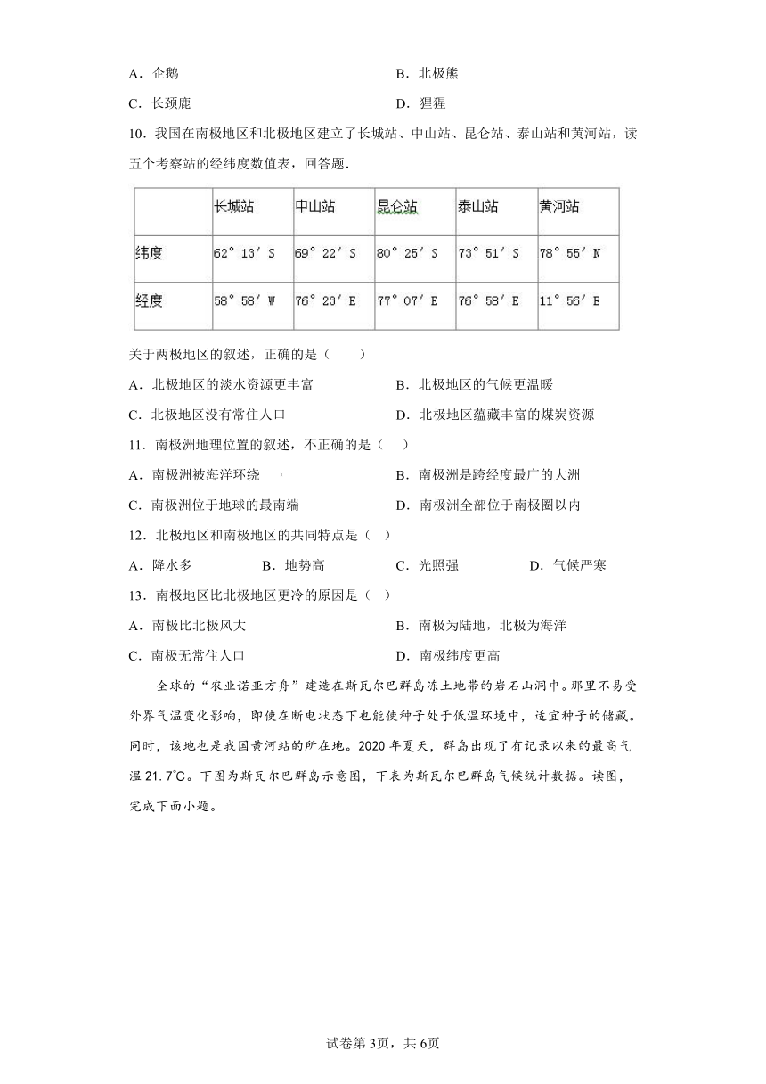 第十章 极地地区 同步训练（含解析）2022-2023学年七年级地理下学期人教版