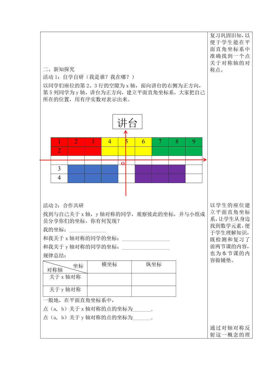 湘教版（2012）初中数学八年级下册 3.3.3 轴对称的坐标表示 教案（表格式）