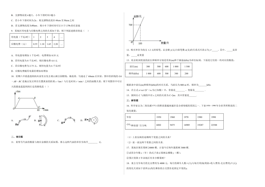 北师大版数学七年级下册3.1用表格表示的变量间关系  同步练习（含解析）