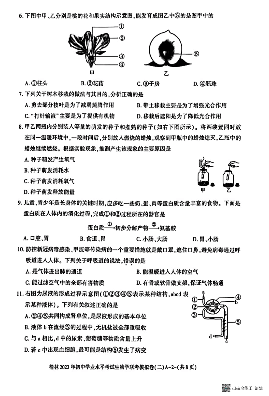 2023年陕西省榆林市二模生物试题(PDF版含答案)