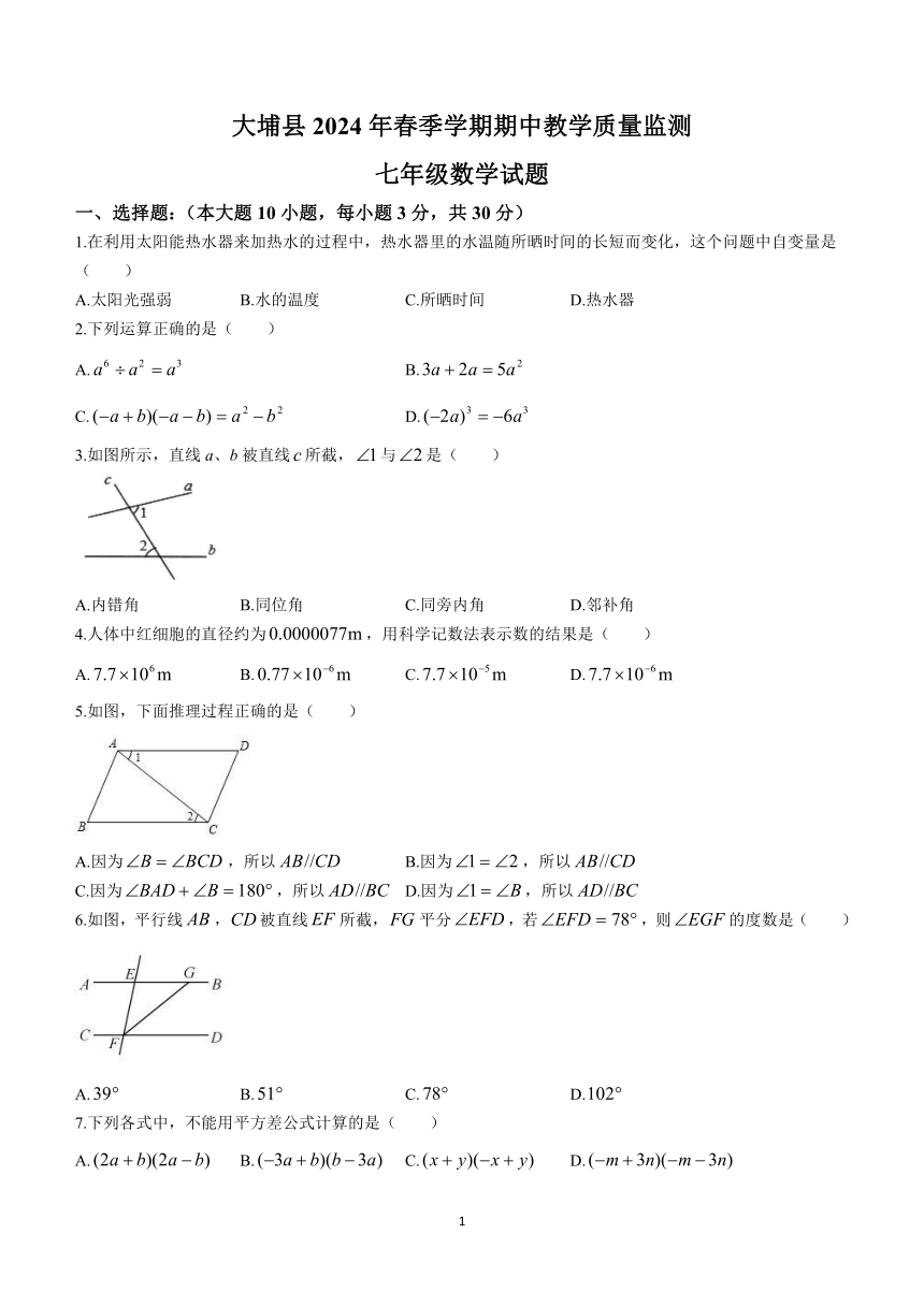 广东省梅州市大埔县2023-2024学年七年级下学期期中数学试题(无答案)