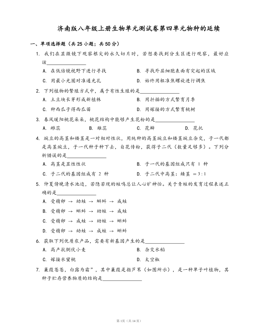 济南版八年级上册生物单元测试卷第四单元物种的延续(word版，含答案解析）