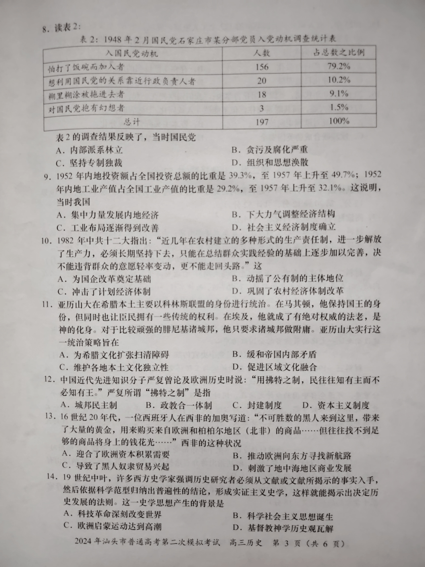 2024届广东省汕头市二模考试历史试题（PDF版无答案）