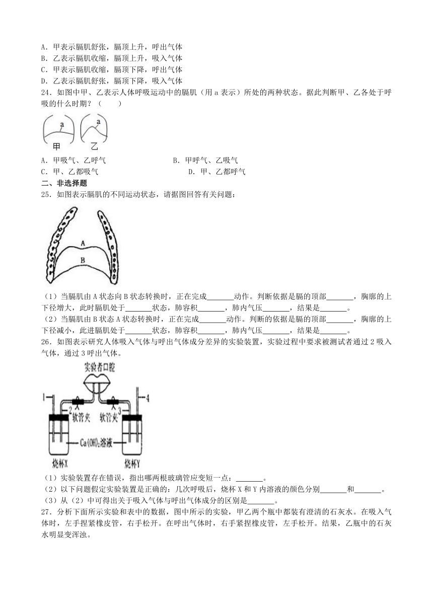 济南版生物七年级下册 3.2人的生活需要空气 单元测试(word含答案)