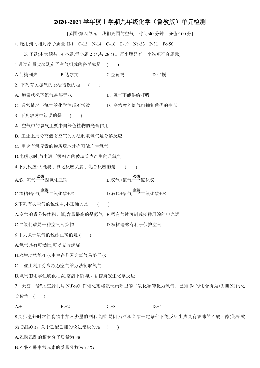 九年级上册化学（鲁教版）单元检测 第四单元　我们周围的空气