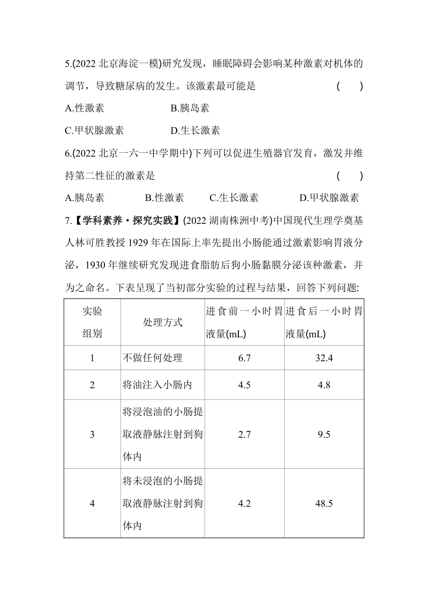 8.4 激素调节 同步练习（含解析）北京课改版生物七年级下册