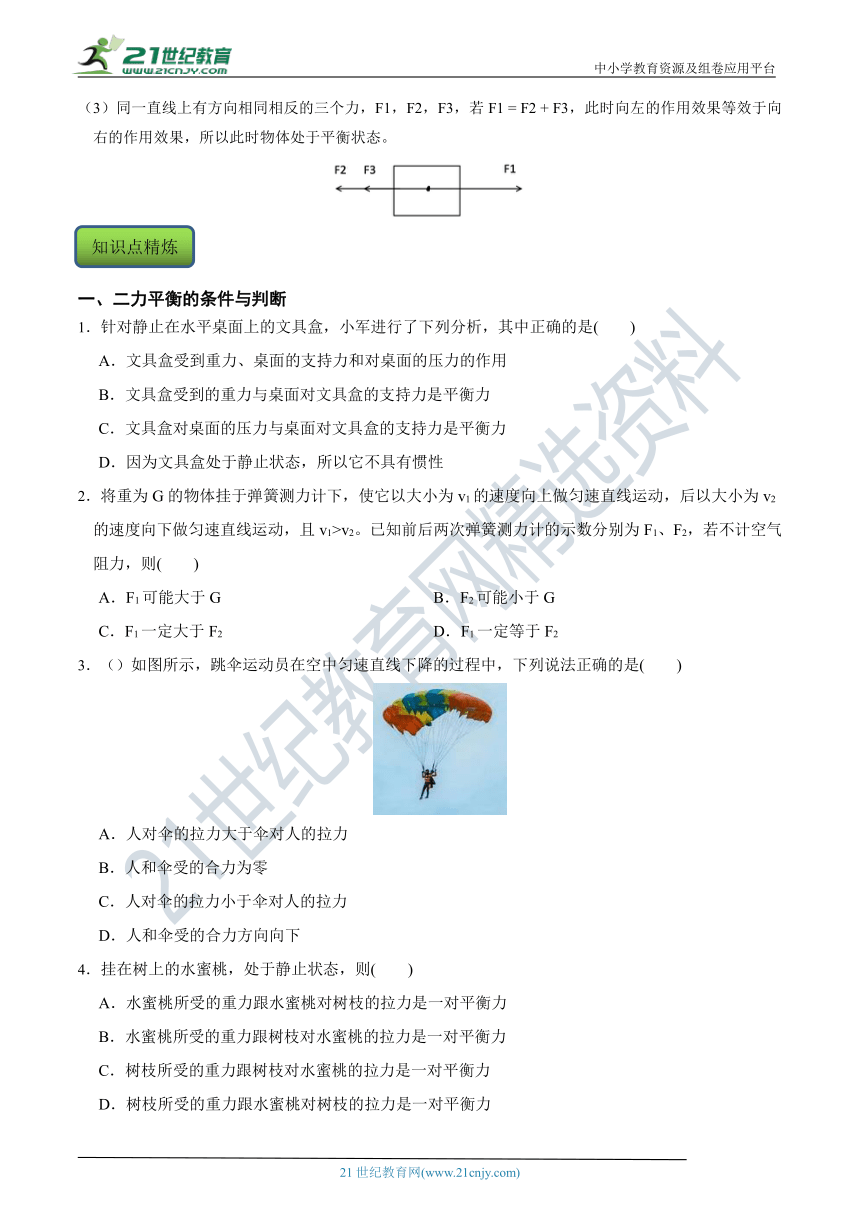 【7年级下册同步讲练测】3.5 二力平衡 知识点精练（含答案）