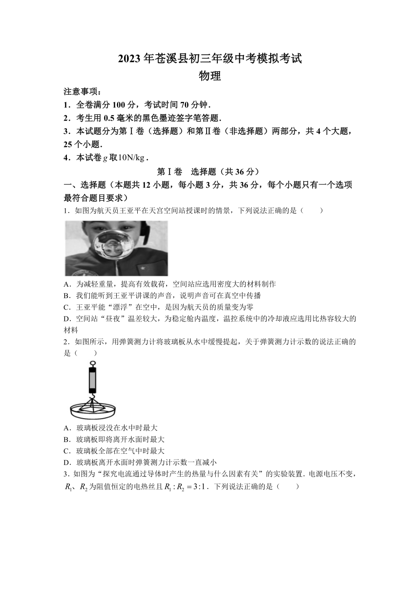 2023年四川省广元市苍溪县中考二诊物理试题（含答案）