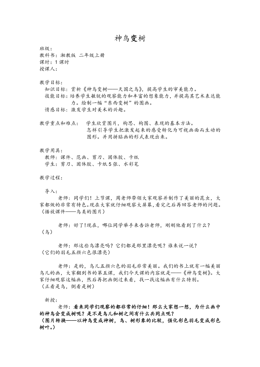 湘美版小学美术二年级上册《15神鸟变树 》 教案