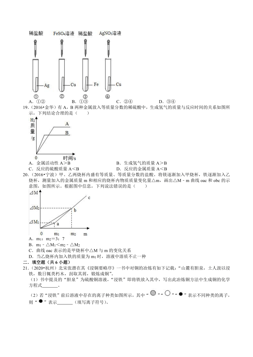 浙江省2016-2020年科学中考（化学）试题分类（8）——金属及其化合物（含答案）