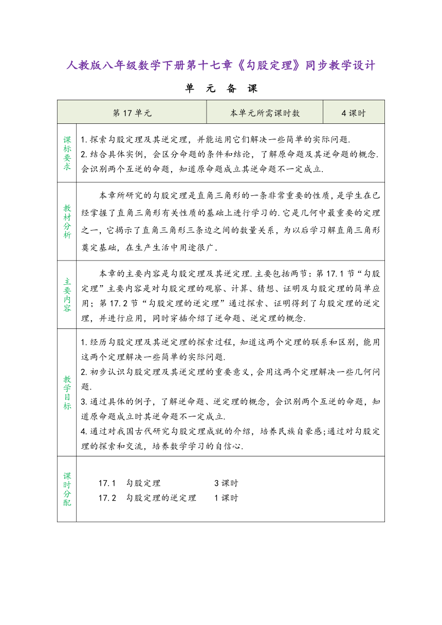 2023-2024学年人教版八年级数学下册第十七章《勾股定理》同步教学设计(表格式)