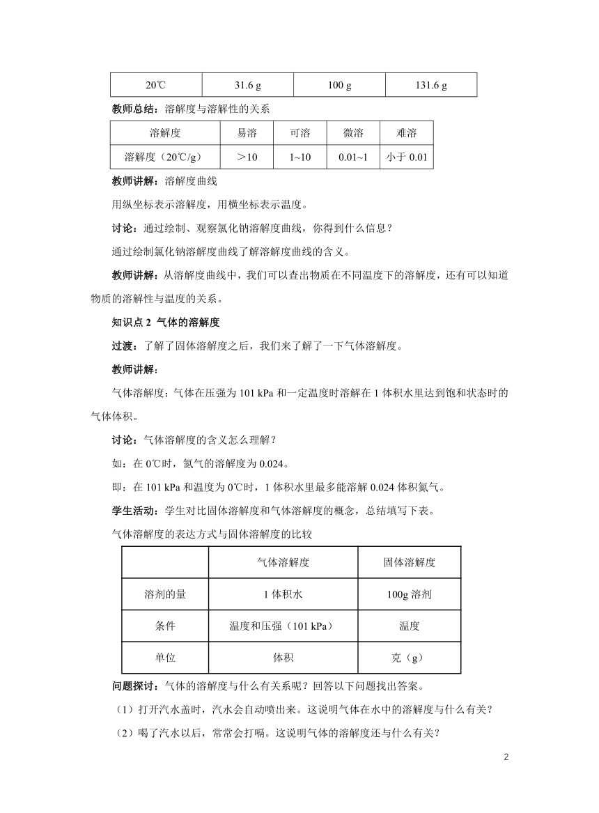 化学人教版九下：9.2溶解度（第二课时）教案