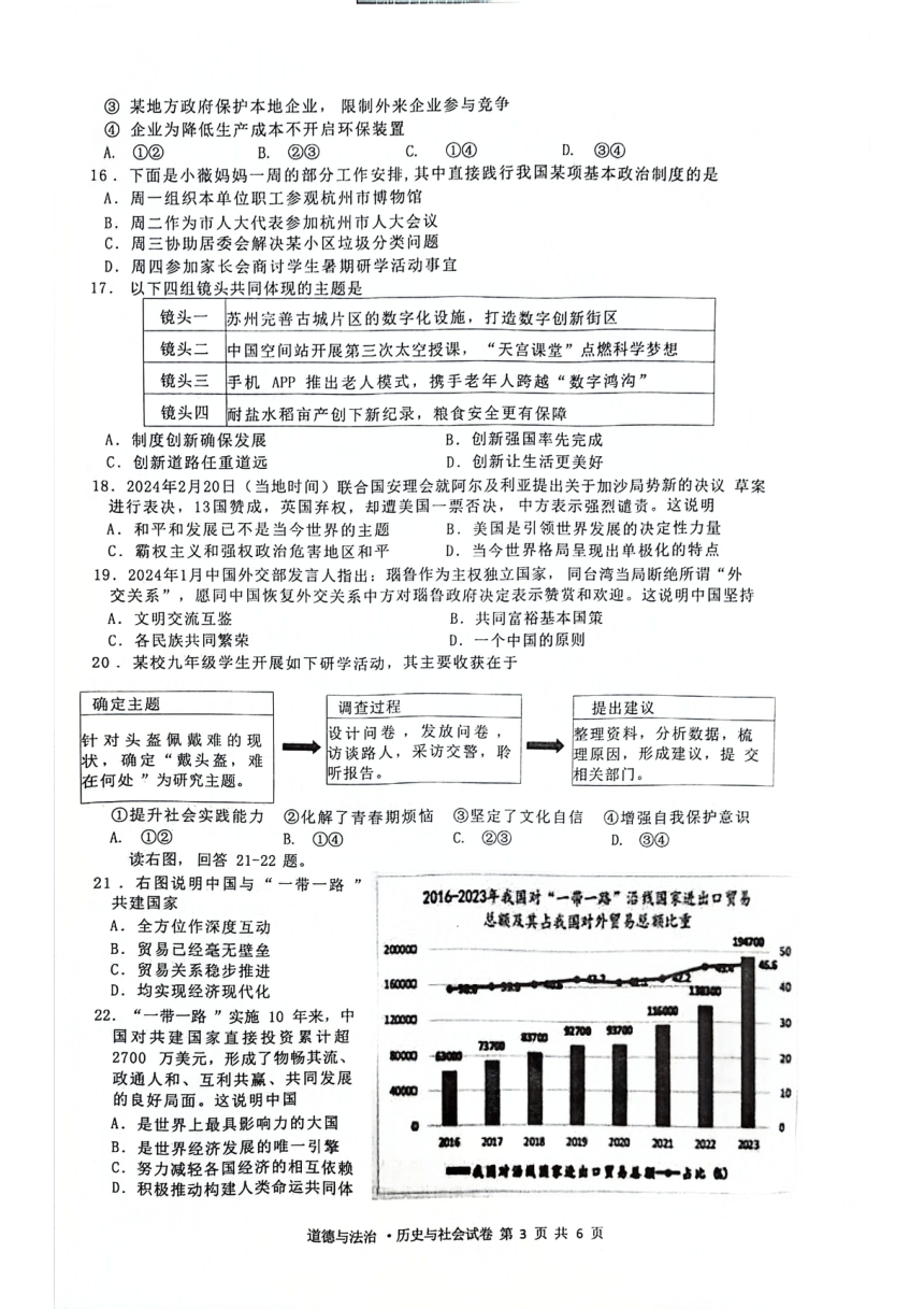 2024年浙江省杭州市临平区中考一模社会法治试卷（图片版，无答案）