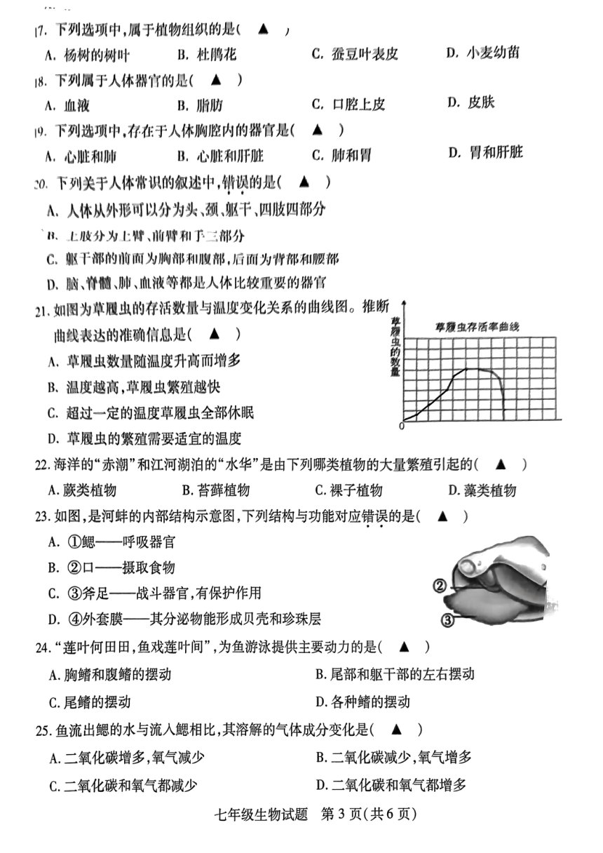 江苏省徐州沛县2022-2023学年七年级下学期生物期中检测试题（无答案）