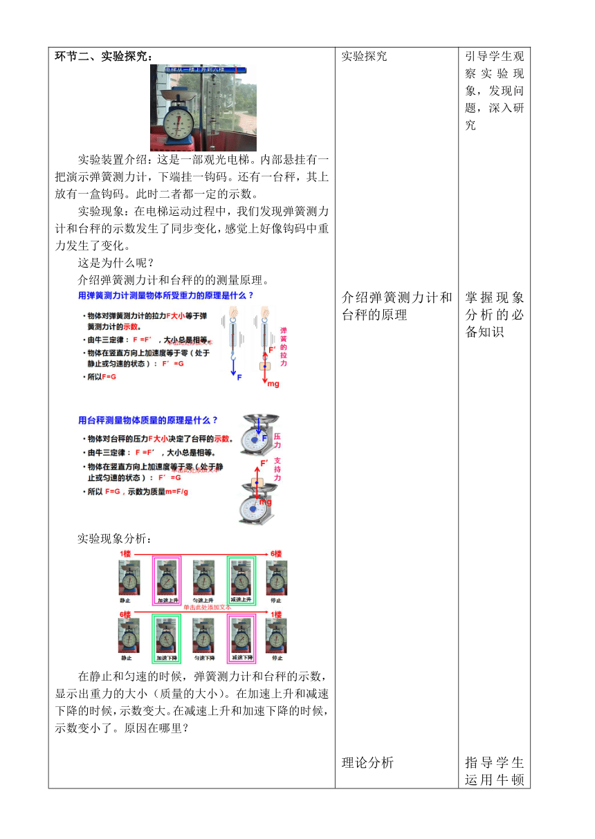 4.6超重和失重 教学设计(表格式)高一上学期物理人教版（2019）必修第一册