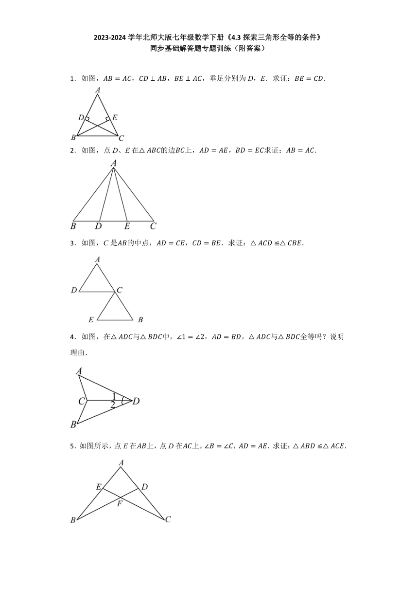 2023—2024学年北师大版七年级数学下册4.3探索三角形全等的条件 同步基础解答题专题训练（含答案）