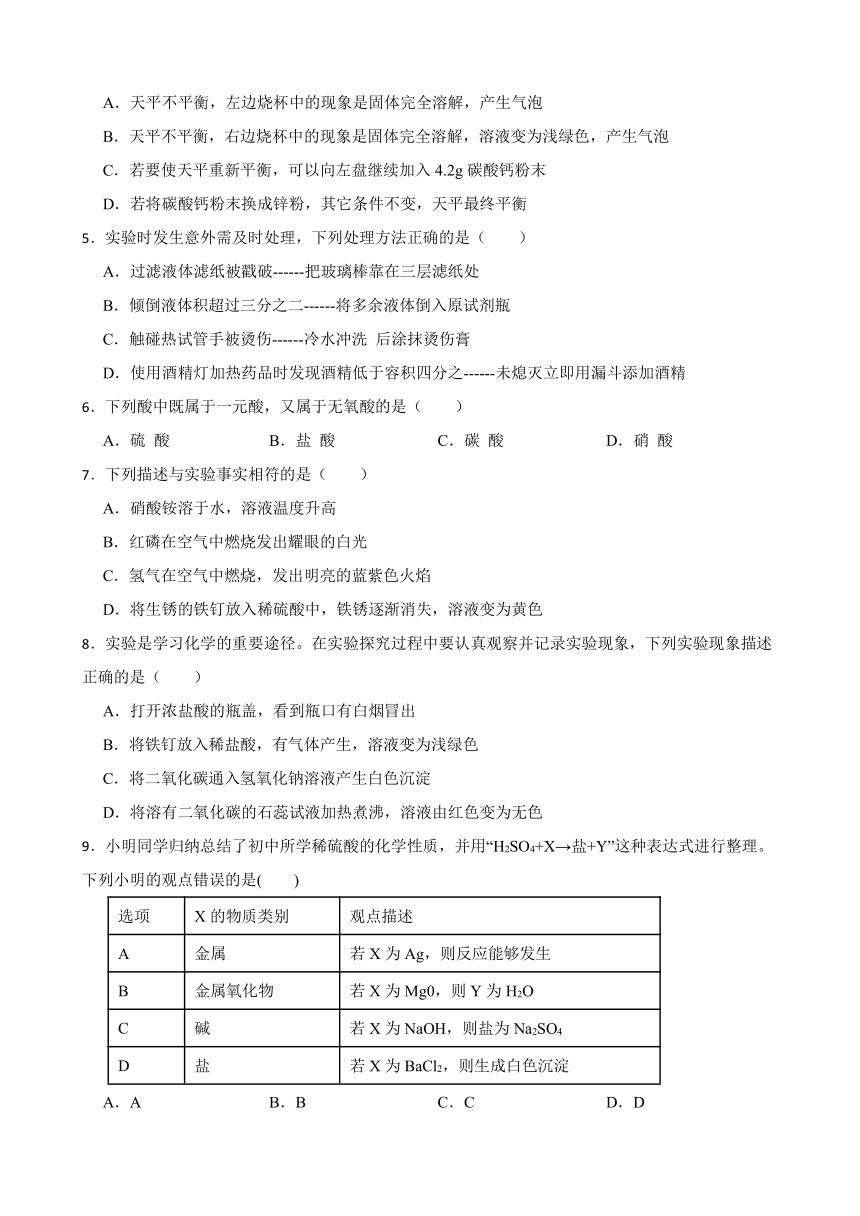 2.1 酸及其性质 同步练习(含答案) 2022-2023学年鲁教版（五四制）九年级全册化学