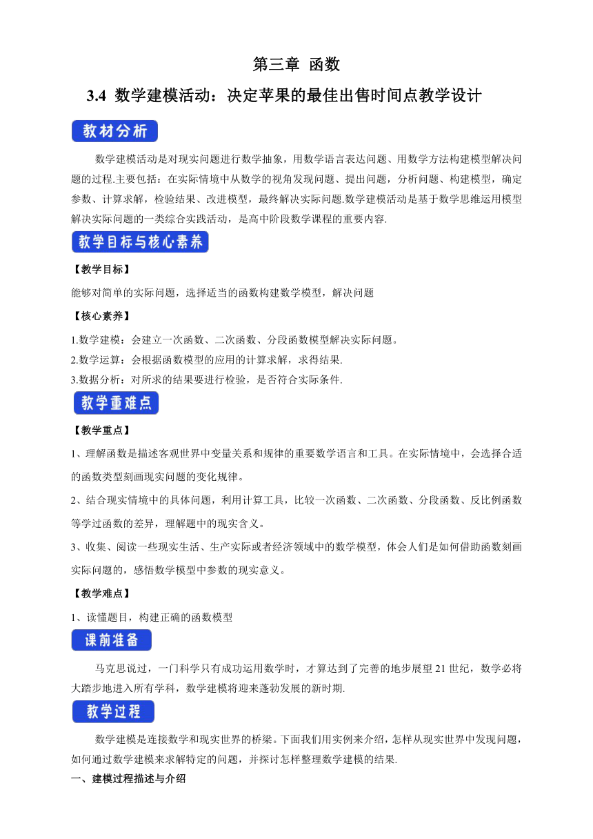 人教B版（2019）必修第一册 3.4数学建模活动：决定苹果的最佳出售时间点 教案