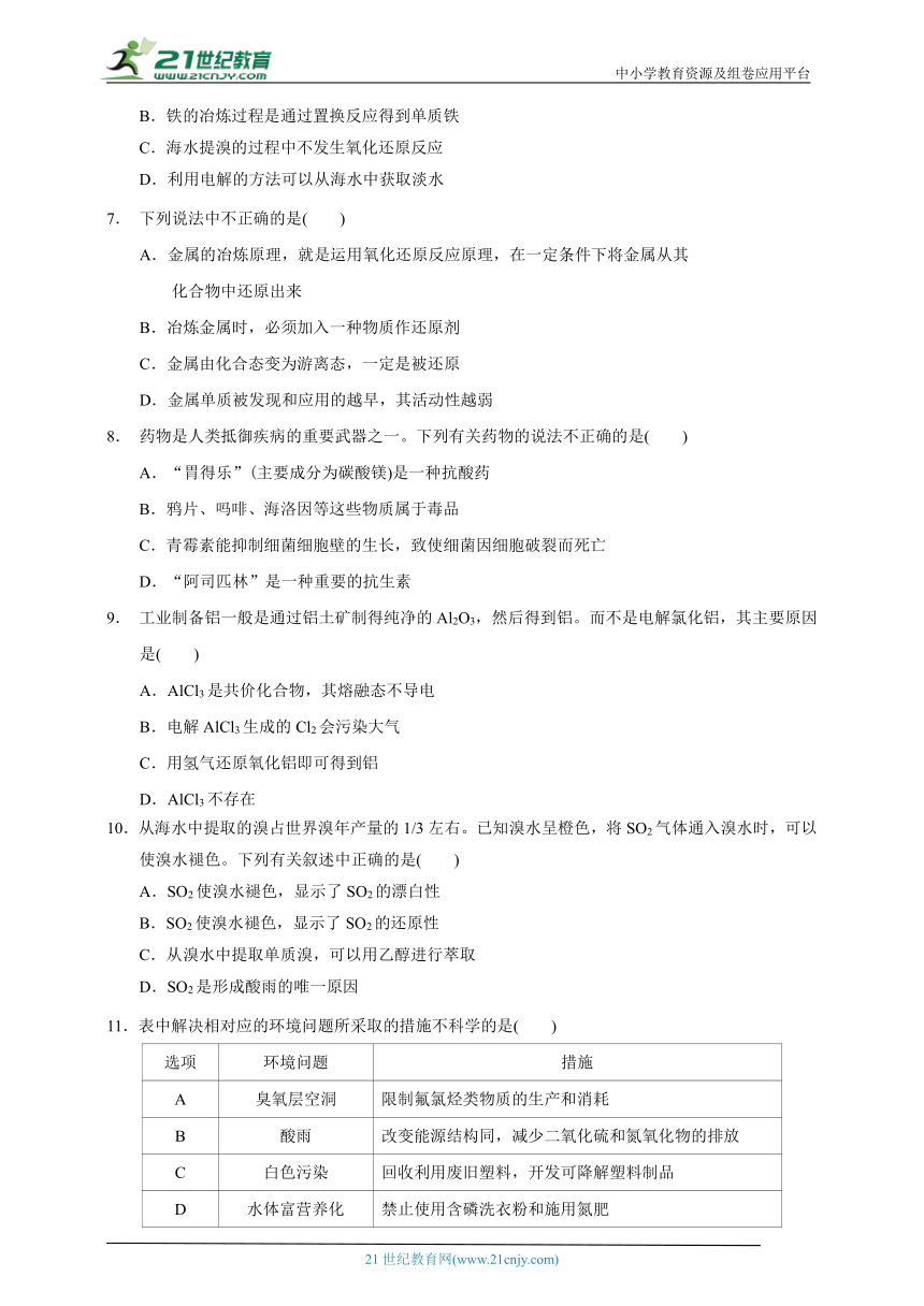 必修第二册  第八章  化学与可持续发展  章末单元 同步练习题(含解析)