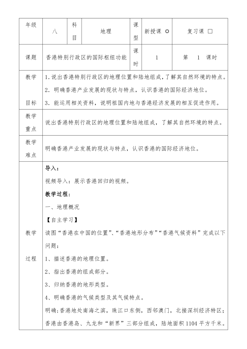 7.1 香港特别行政区的国际枢纽功能 教学设计（表格式）2022-2023学年八年级地理下学期湘教版