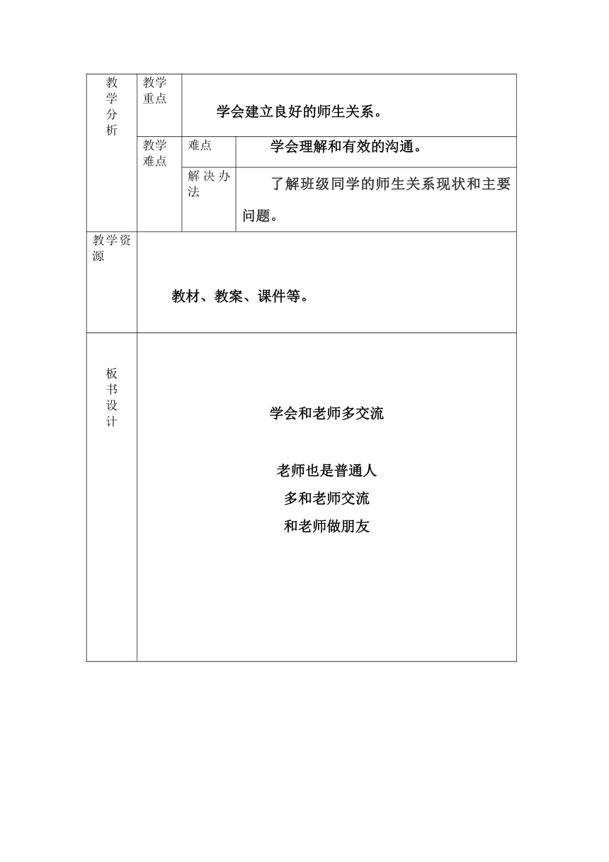 六年级下册心理健康教案-第二十八课 学会和老师多交流｜北师大版（表格式）