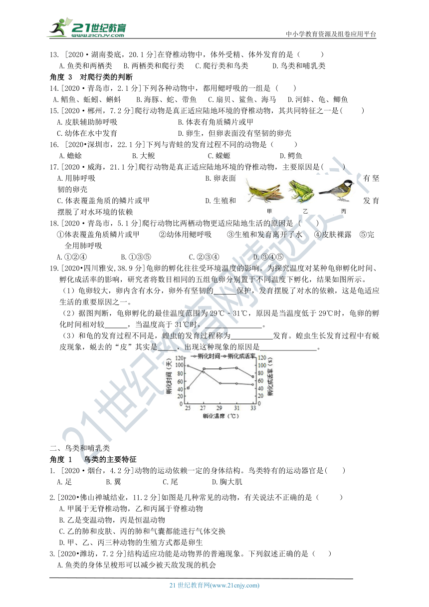 济南版中考真题汇编2.2.2脊椎动物的主要类群（含答案）