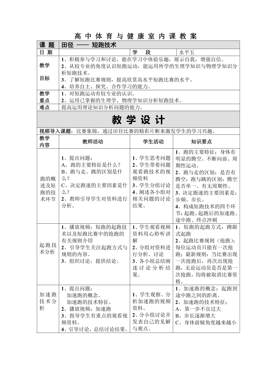 2021-2022学年人教版高中体育与健康全一册田径——短跑技术 教案