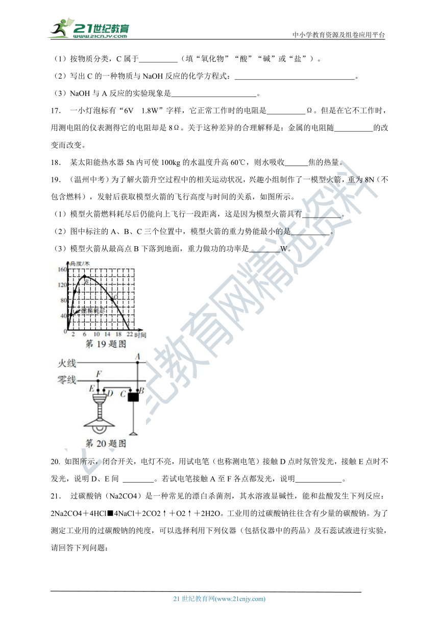 华师大版科学九年级上册 期末达标检测卷（含答案）