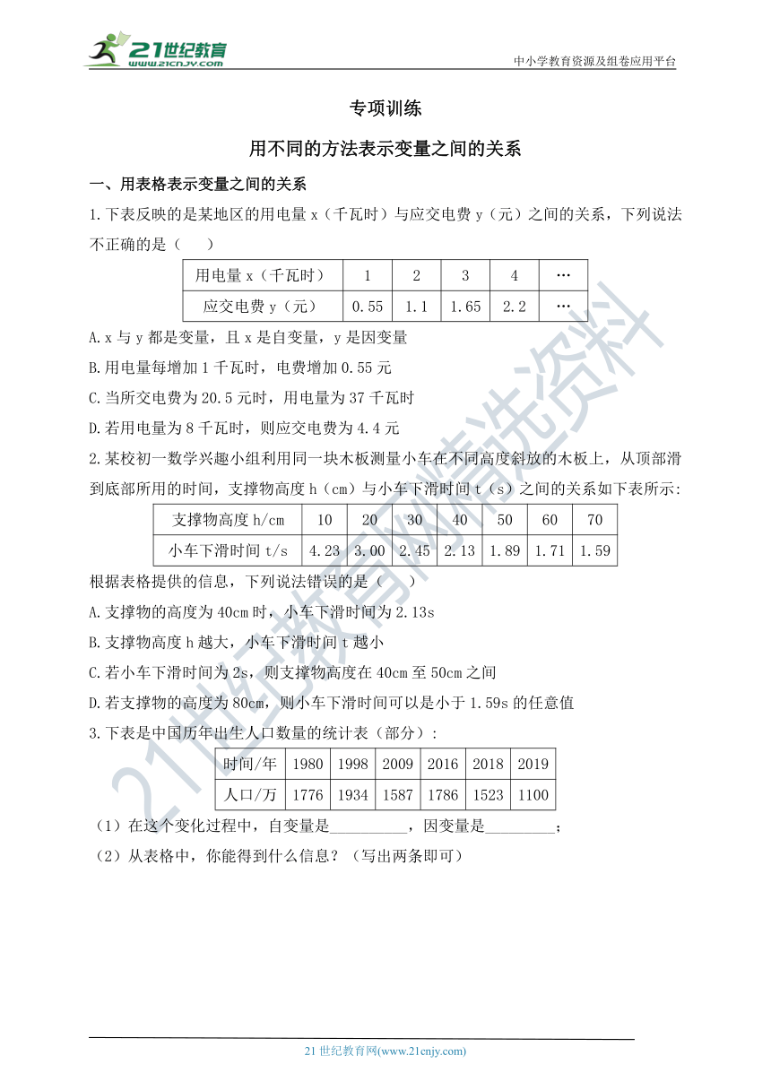 第九章专项训练 用不同的方法表示变量之间的关系同步练习（含答案）