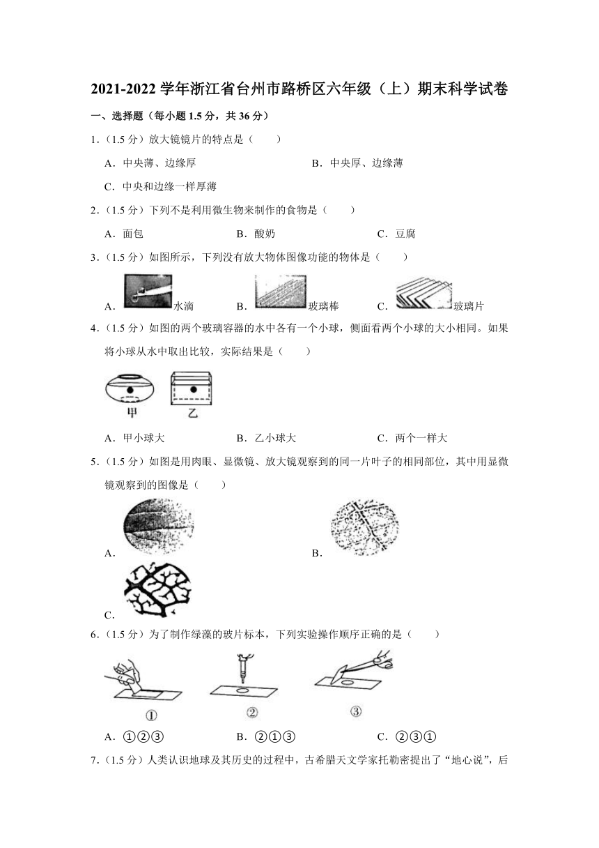 2021-2022学年浙江省台州市路桥区六年级（上）期末科学试卷（含解析）