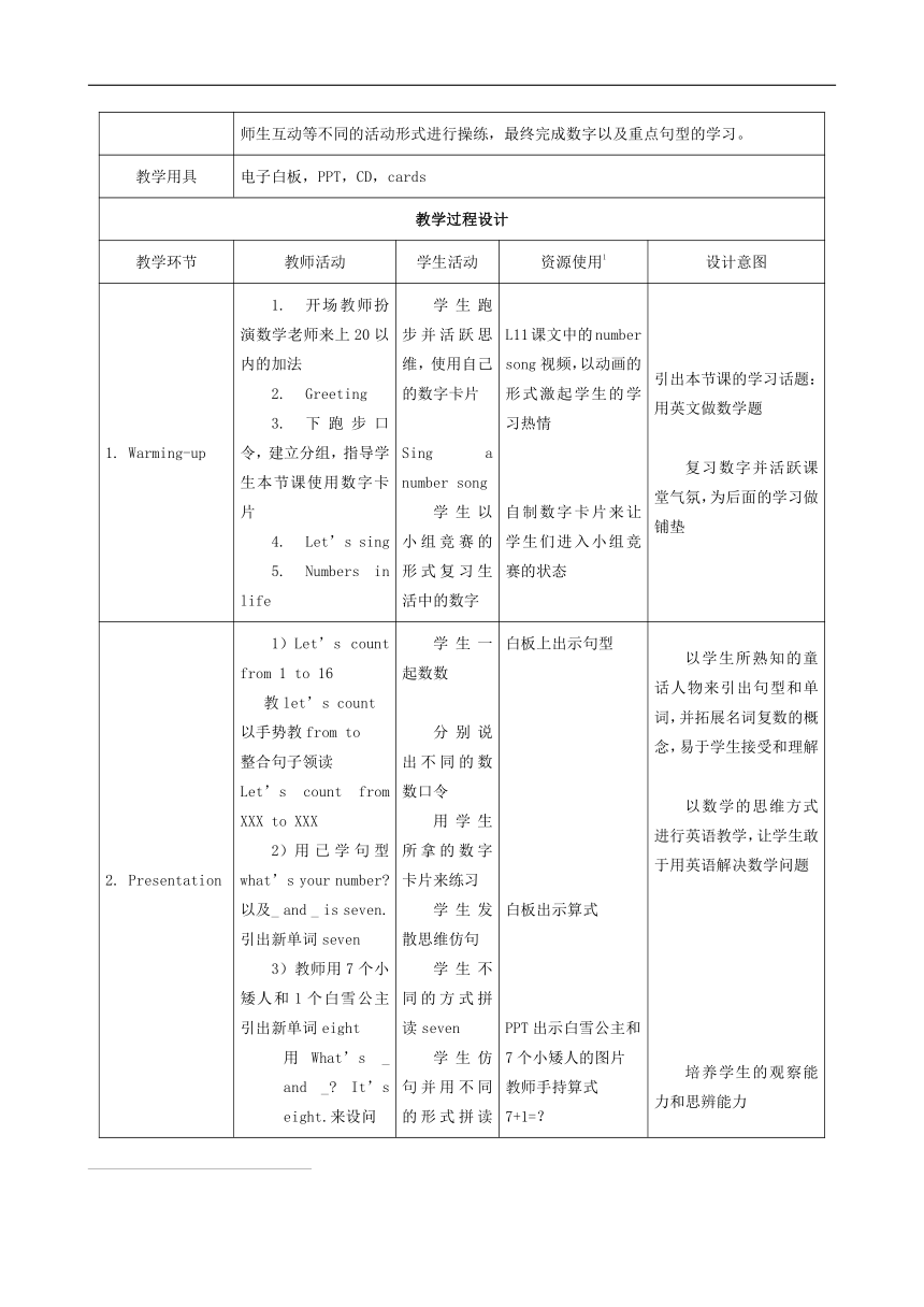 Unit2 What's your number？ Lesson10 表格式教案（含反思）