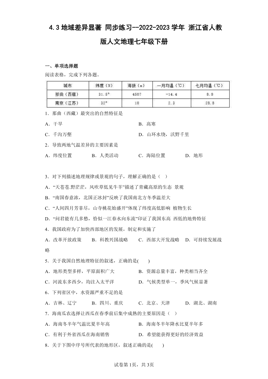 4.3地域差异显著 同步练习（含解析）-- 2022-2023学年 浙江省人教版人文地理七年级下册