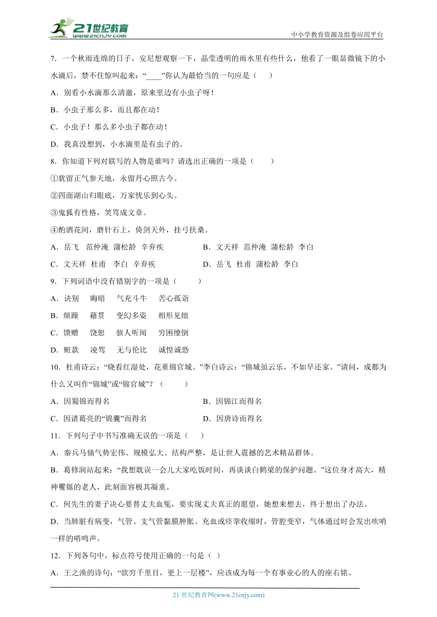 部编版小学语文六年级下册小升初基础知识精选题（二）-（含答案）