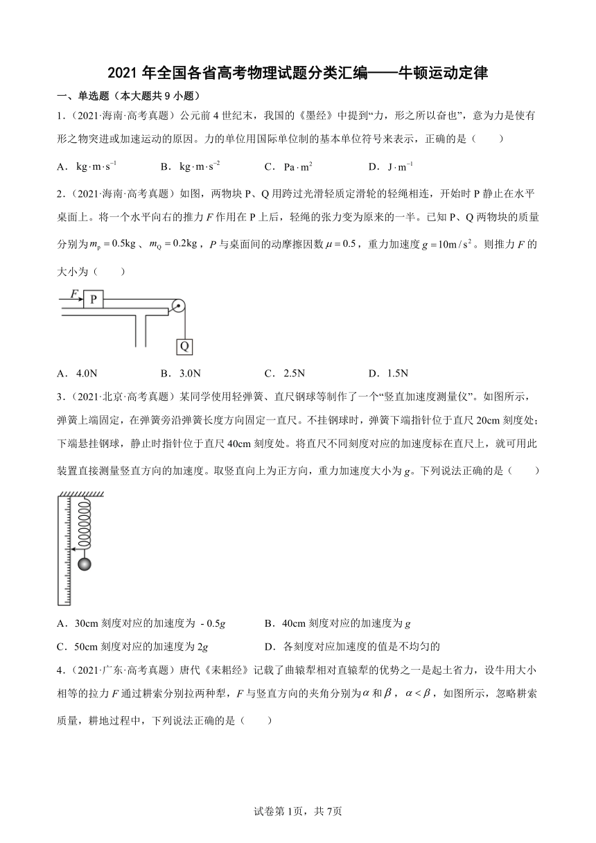 2020-2021年全国各省高考物理试题分类汇编——牛顿运动定律（word版含答案）